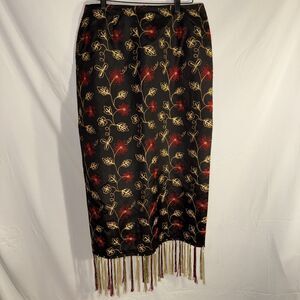 Silkland Fringed Maxi black Floral Embroidered skirt Brown/Gold/Red Sz 10
